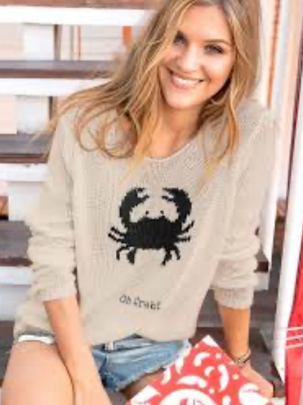 Wooden Ships Cream Knit Sweater with red Crab Graphic 0614